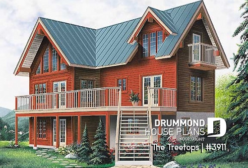 front - BASE MODEL - Beautiful panoramic view house plan with cathedral ceiling, fireplace, large deck, 3 bedrooms, large master - The Treetops
