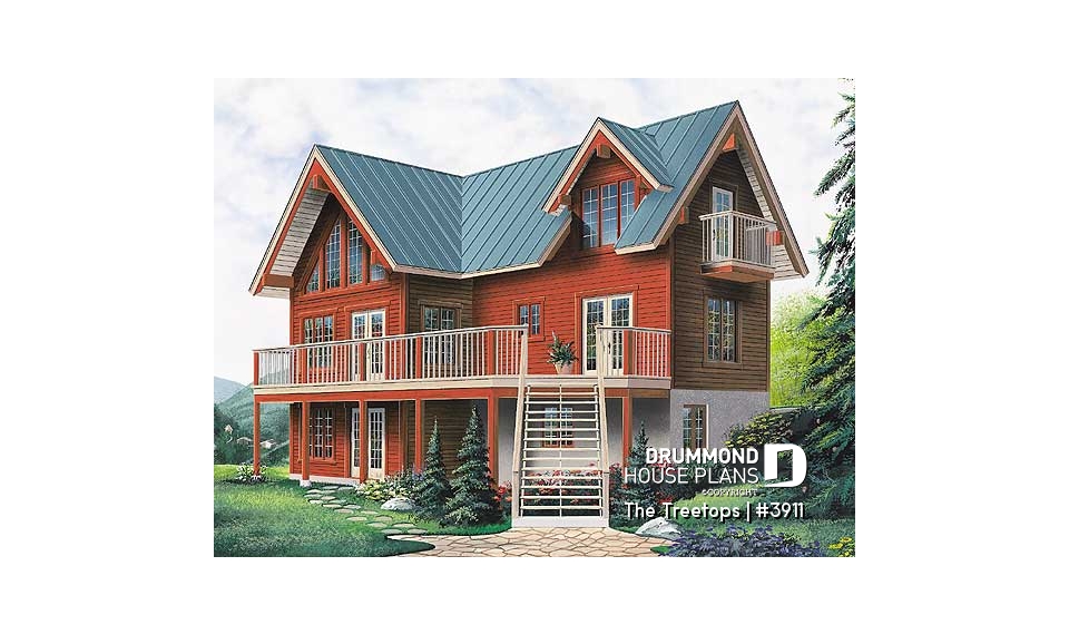front - BASE MODEL - Beautiful panoramic view house plan with cathedral ceiling, fireplace, large deck, 3 bedrooms, large master - The Treetops