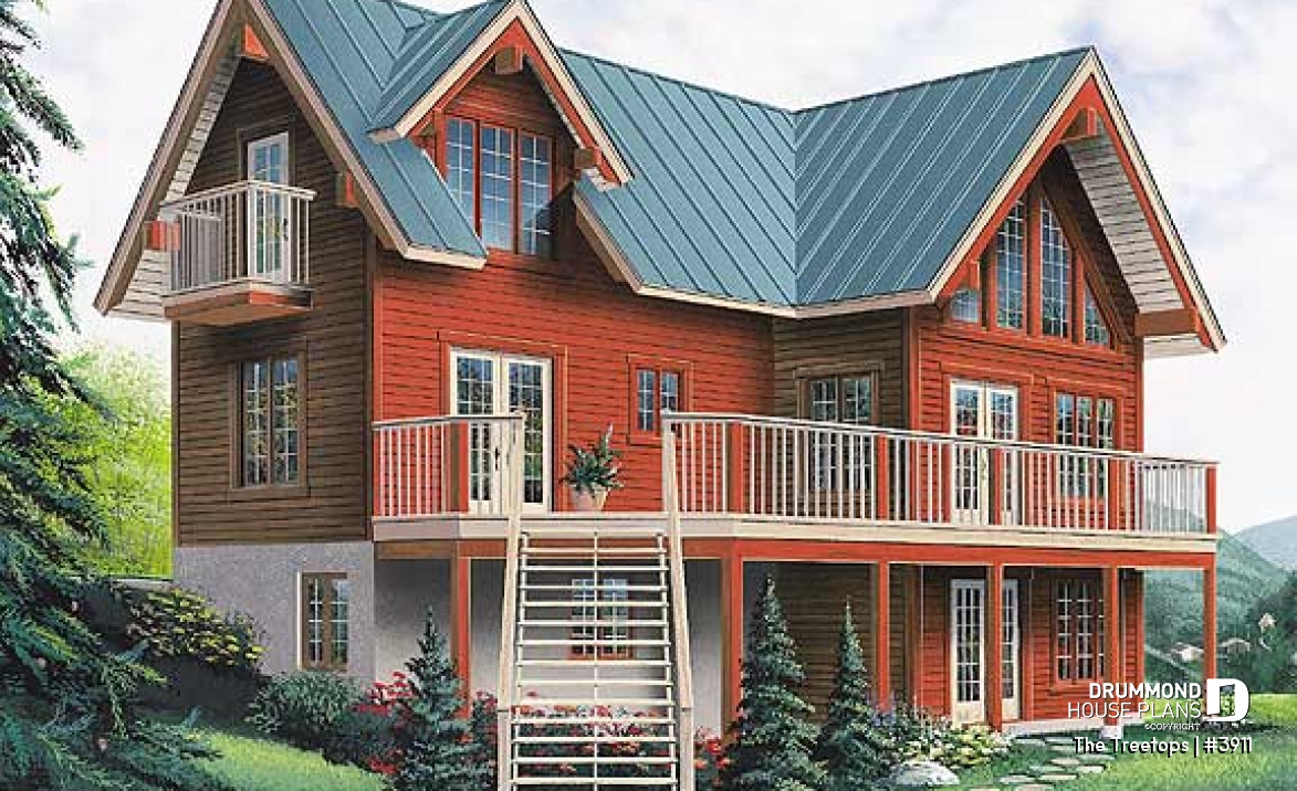 front - BASE MODEL - Beautiful panoramic view house plan with cathedral ceiling, fireplace, large deck, 3 bedrooms, large master - The Treetops