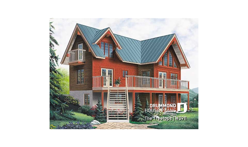 front - BASE MODEL - Beautiful panoramic view house plan with cathedral ceiling, fireplace, large deck, 3 bedrooms, large master - The Treetops