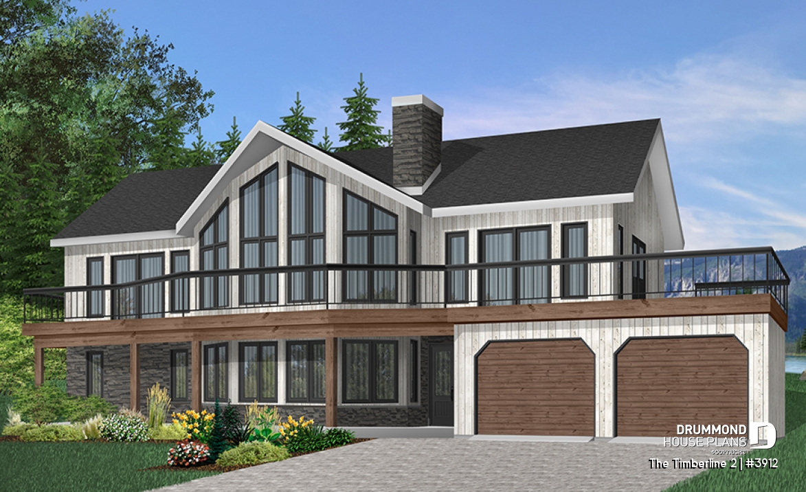 front - BASE MODEL - Stunning 4 beds 3 baths lake / mountain house plan, 2 fireplaces, open concept, 2-car garage, x-large deck - The Timberline 2