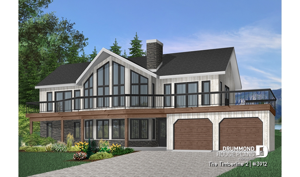 front - BASE MODEL - Stunning 4 beds 3 baths lake / mountain house plan, 2 fireplaces, open concept, 2-car garage, x-large deck - The Timberline 2