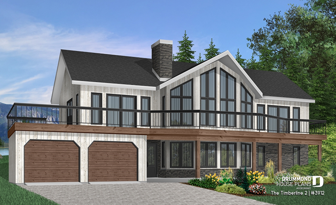 front - BASE MODEL - Stunning 4 beds 3 baths lake / mountain house plan, 2 fireplaces, open concept, 2-car garage, x-large deck - The Timberline 2