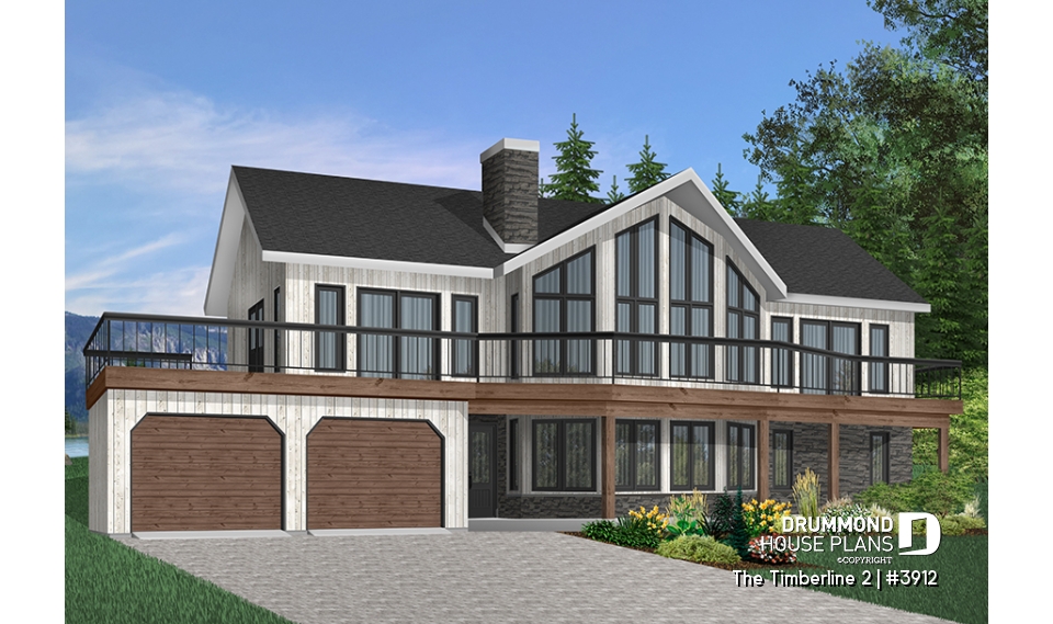 front - BASE MODEL - Stunning 4 beds 3 baths lake / mountain house plan, 2 fireplaces, open concept, 2-car garage, x-large deck - The Timberline 2