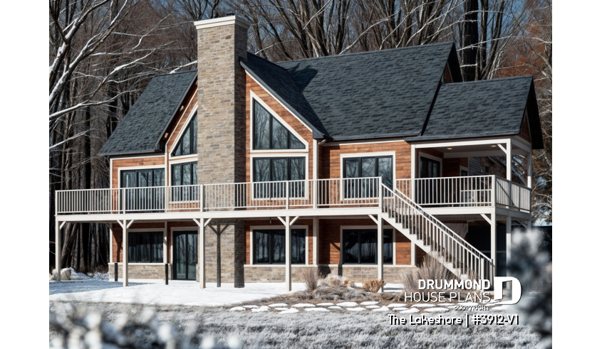 front - BASE MODEL - Lakefront cottage house plan, 5 bedrooms, walkout basement, main floor master, open concept, 2 living rooms - The Lakeshore