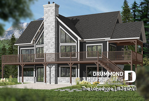 Rear view - BASE MODEL - Lakefront cottage house plan, 5 bedrooms, walkout basement, main floor master, open concept, 2 living rooms - The Lakeshore