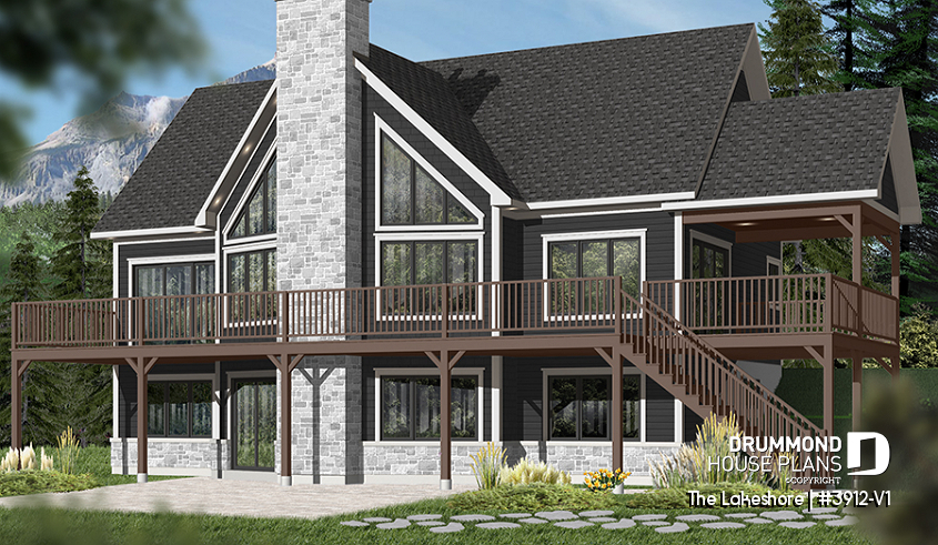 Rear view - BASE MODEL - Lakefront cottage house plan, 5 bedrooms, walkout basement, main floor master, open concept, 2 living rooms - The Lakeshore