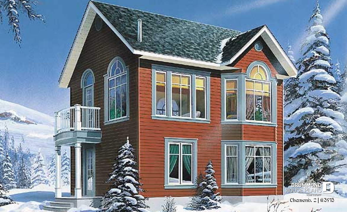 front - BASE MODEL - Compact 2 bedroom cottage home design with reverse floor plans, large second floor fireplace - Chamonix 2