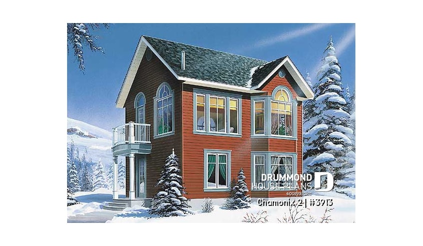 front - BASE MODEL - Coompact 2 bedroom ski chalet house plan with reverse floor plans, large second floor fireplace - Chamonix 2