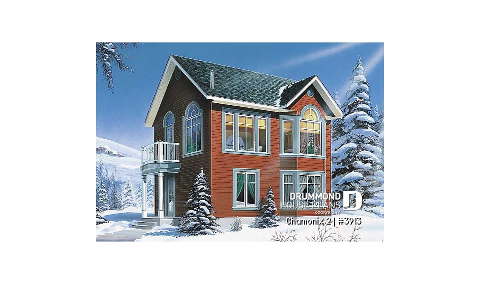 front - BASE MODEL - Compact 2 bedroom cottage home design with reverse floor plans, large second floor fireplace - Chamonix 2