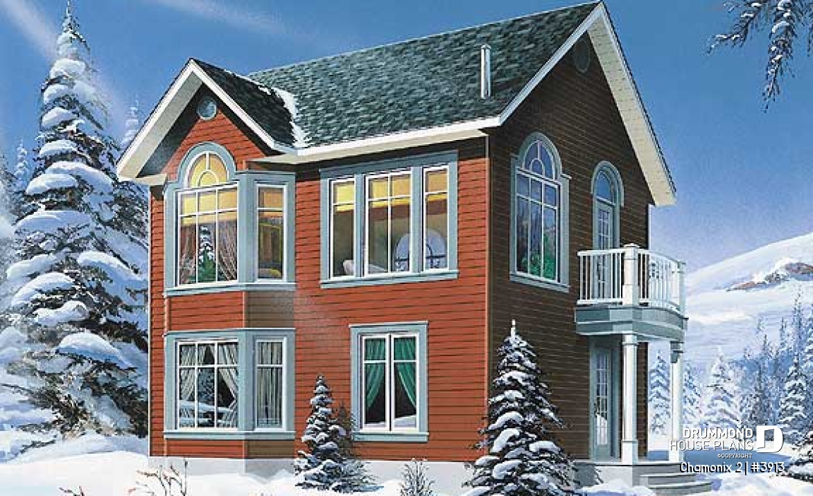 front - BASE MODEL - Compact 2 bedroom cottage home design with reverse floor plans, large second floor fireplace - Chamonix 2
