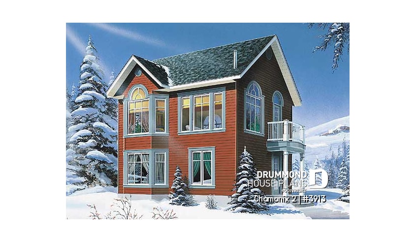 front - BASE MODEL - Coompact 2 bedroom ski chalet house plan with reverse floor plans, large second floor fireplace - Chamonix 2