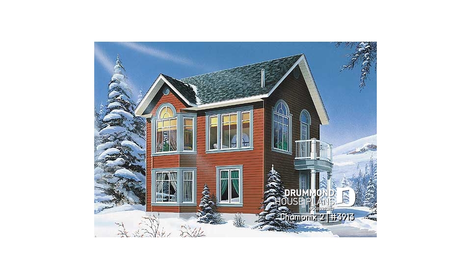 front - BASE MODEL - Compact 2 bedroom cottage home design with reverse floor plans, large second floor fireplace - Chamonix 2