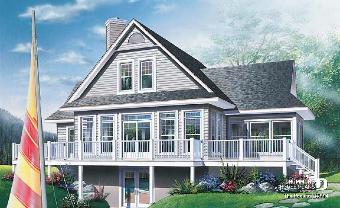 Rear view - BASE MODEL - Panoramic cottage plan with x-large terrace, screened porch, fireplace in master bed, great open floor plan - The Pocono