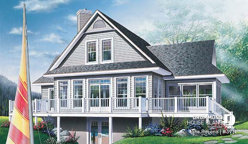 Rear view - BASE MODEL - Panoramic cottage plan with x-large terrace, screened porch, fireplace in master bed, great open floor plan - The Pocono