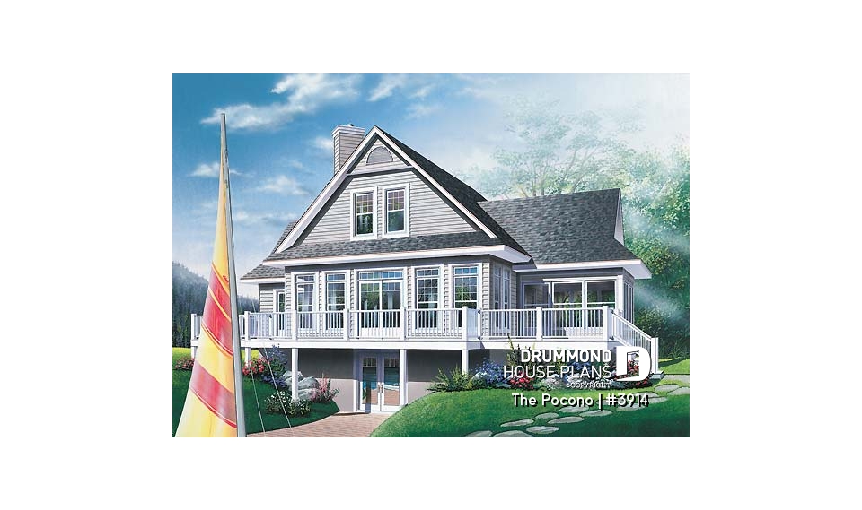 Rear view - BASE MODEL - Panoramic cottage plan with x-large terrace, screened porch, fireplace in master bed, great open floor plan - The Pocono