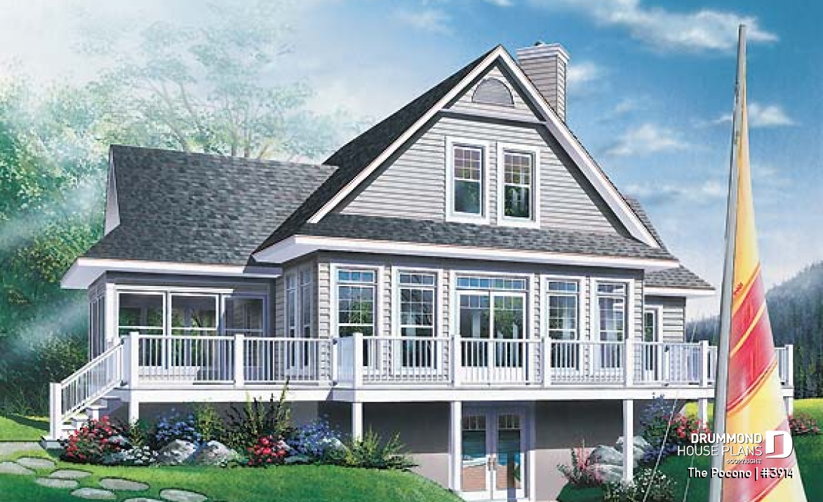 Rear view - BASE MODEL - Panoramic cottage plan with x-large terrace, screened porch, fireplace in master bed, great open floor plan - The Pocono