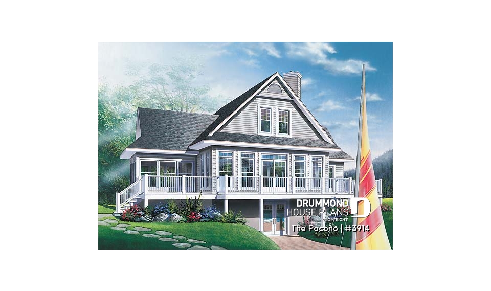 Rear view - BASE MODEL - Panoramic cottage plan with x-large terrace, screened porch, fireplace in master bed, great open floor plan - The Pocono