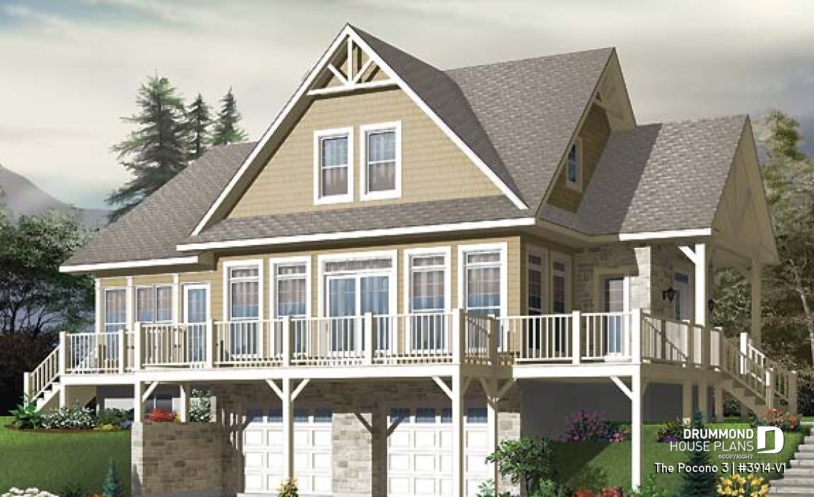 Rear view - BASE MODEL - Mountain Country cottage house plan, large master suite, fireplace, solarium, under building garage - The Pocono 3