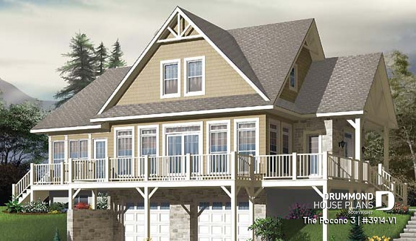 Rear view - BASE MODEL - Mountain Country cottage house plan, large master suite, fireplace, solarium, under building garage - The Pocono 3