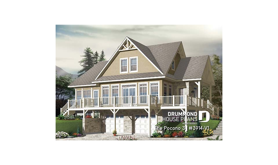 Rear view - BASE MODEL - Mountain Country cottage house plan, large master suite, fireplace, solarium, under building garage - The Pocono 3