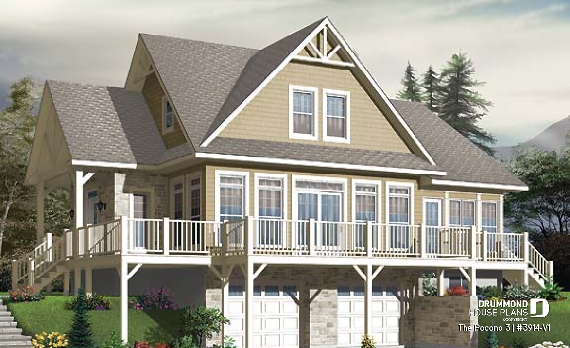 Rear view - BASE MODEL - Mountain Country cottage house plan, large master suite, fireplace, solarium, under building garage - The Pocono 3