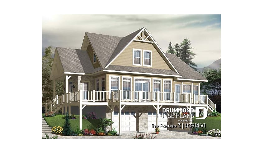 Rear view - BASE MODEL - Mountain Country cottage house plan, large master suite, fireplace, solarium, under building garage - The Pocono 3