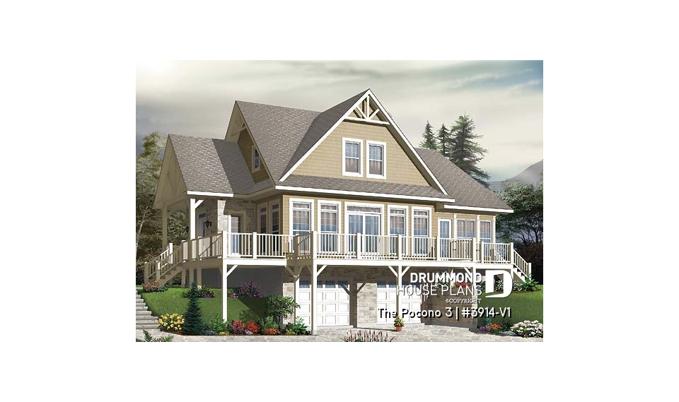 Rear view - BASE MODEL - Mountain Country cottage house plan, large master suite, fireplace, solarium, under building garage - The Pocono 3