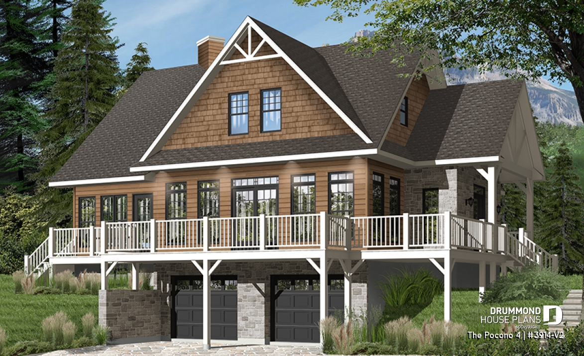 Color version 1 - Front - 4 bedroom Lakefront Cottage-Style house plan with solarium, 2-car garage, double sided fireplace - The Pocono 4