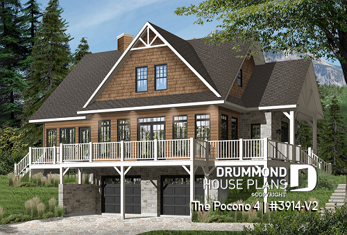 Color version 1 - Front - 4 bedroom Lakefront Cottage-Style house plan with solarium, 2-car garage, double sided fireplace - The Pocono 4