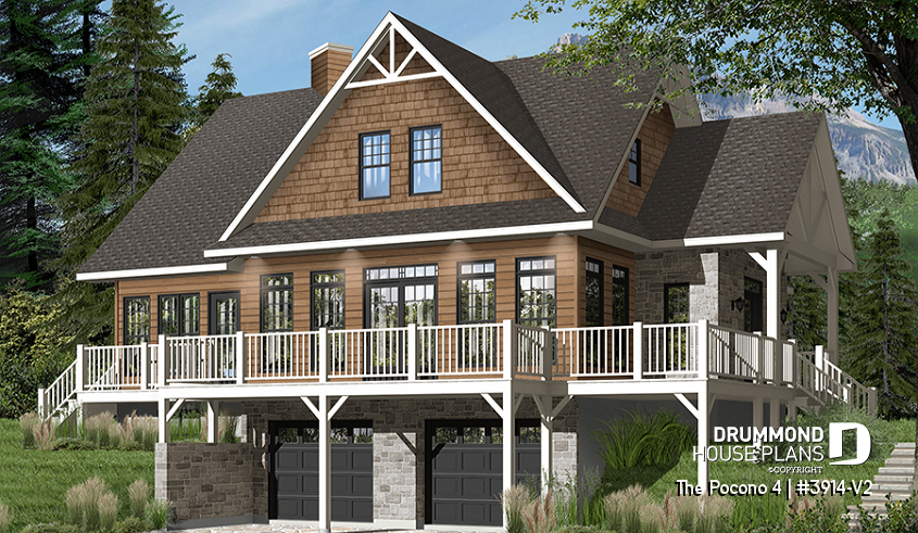 Color version 1 - Front - 4 bedroom Lakefront Cottage-Style house plan with solarium, 2-car garage, double sided fireplace - The Pocono 4