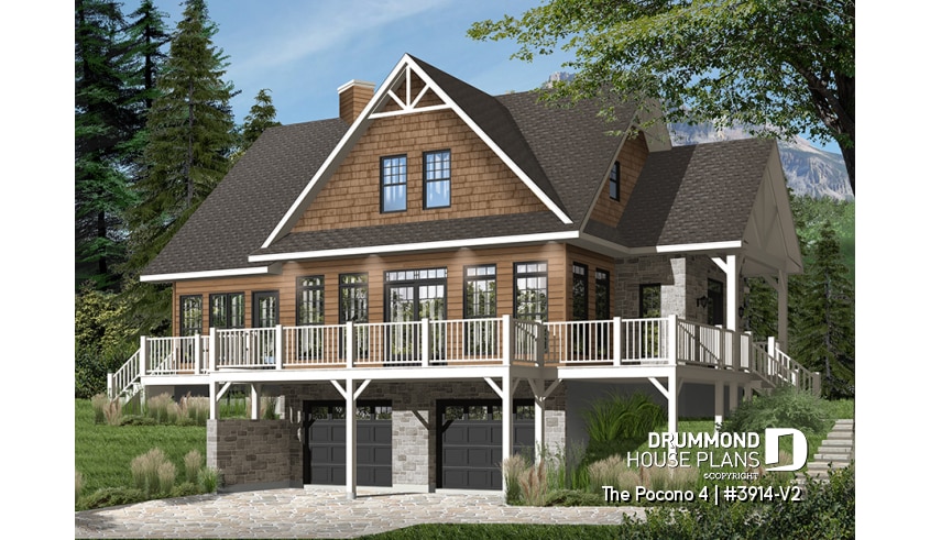 Color version 1 - Front - 4 bedroom Lakefront Cottage-Style house plan with solarium, 2-car garage, double sided fireplace - The Pocono 4