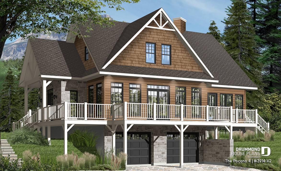 Color version 1 - Front - 4 bedroom Lakefront Cottage-Style house plan with solarium, 2-car garage, double sided fireplace - The Pocono 4