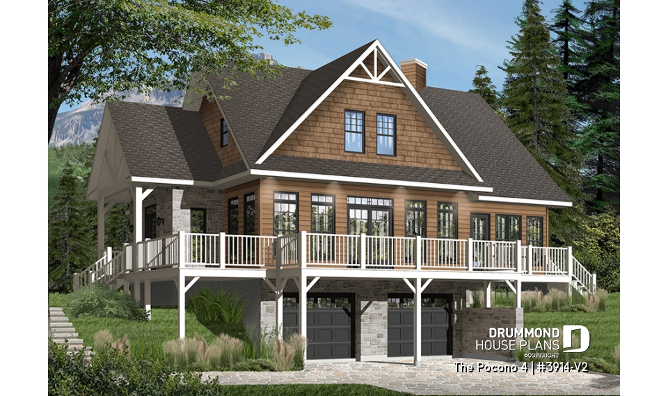 Color version 1 - Front - 4 bedroom Lakefront Cottage-Style house plan with solarium, 2-car garage, double sided fireplace - The Pocono 4