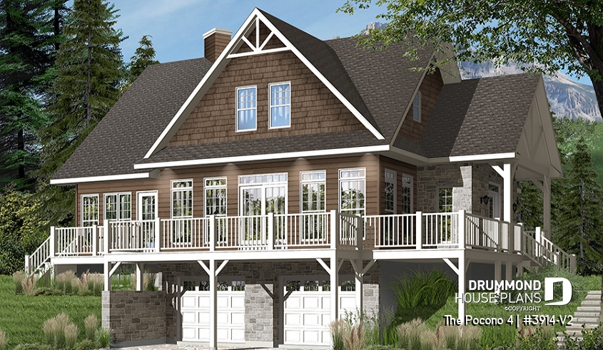 Color version 3 - Front - 4 bedroom Lakefront Cottage-Style house plan with solarium, 2-car garage, double sided fireplace - The Pocono 4