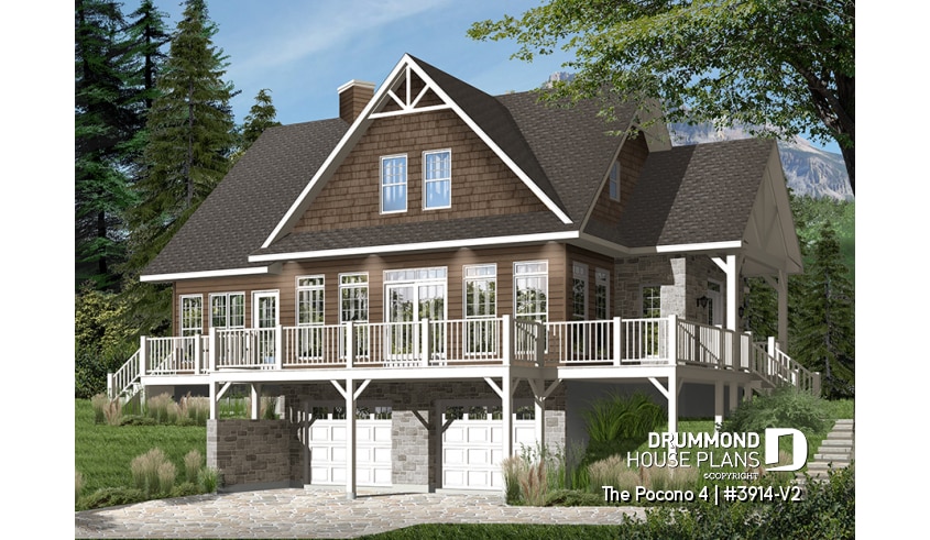 Color version 3 - Front - 4 bedroom Lakefront Cottage-Style house plan with solarium, 2-car garage, double sided fireplace - The Pocono 4