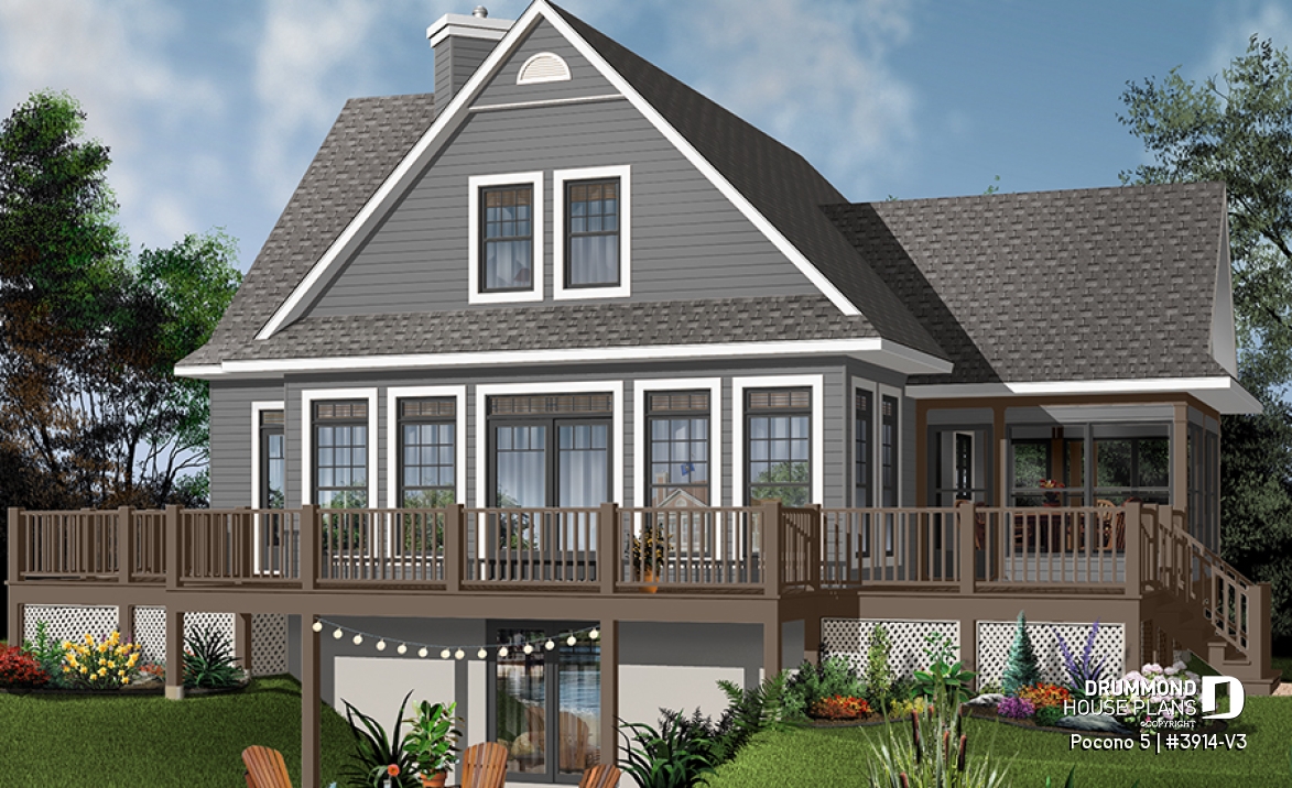 Color version 1 - Rear - A-Frame Rustic Country Cottage plan, 4 bedrooms, 3 bathrooms, screened-in porch, unfinished walkout basement - Pocono 5