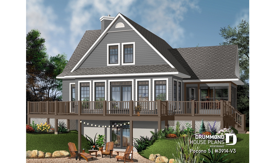 Color version 1 - Rear - A-Frame Rustic Country Cottage plan, 4 bedrooms, 3 bathrooms, screened-in porch, unfinished walkout basement - Pocono 5