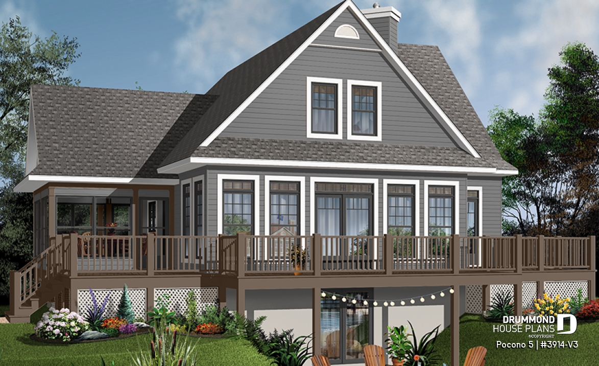 Color version 1 - Rear - A-Frame Rustic Country Cottage plan, 4 bedrooms, 3 bathrooms, screened-in porch, unfinished walkout basement - Pocono 5
