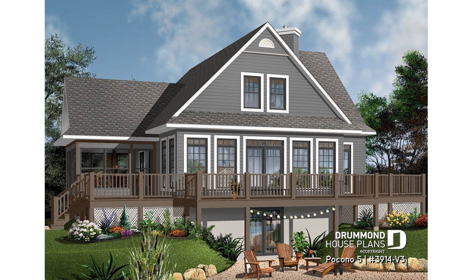 Color version 1 - Rear - A-Frame Rustic Country Cottage plan, 4 bedrooms, 3 bathrooms, screened-in porch, unfinished walkout basement - Pocono 5