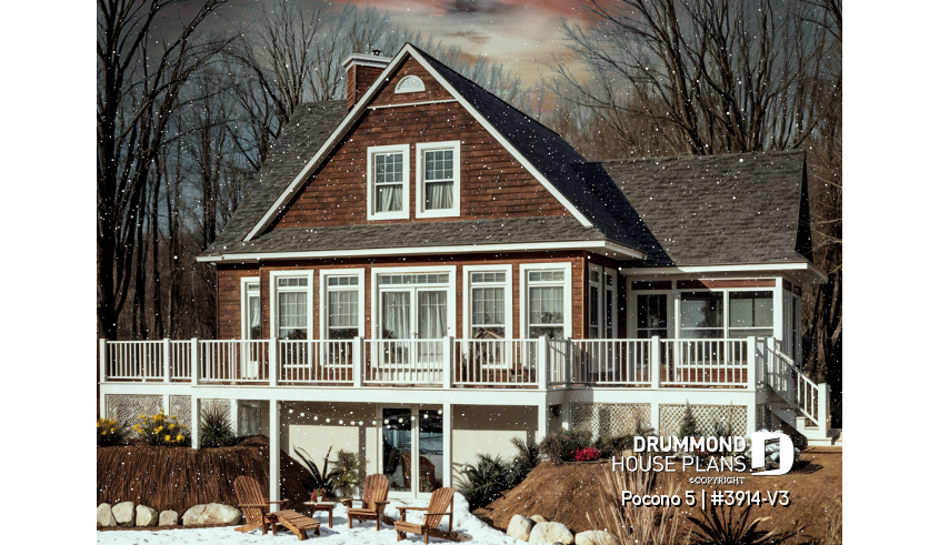 front - BASE MODEL - A-Frame Rustic Country Cottage plan, 4 bedrooms, 3 bathrooms, screened-in porch, unfinished walkout basement - Pocono 5