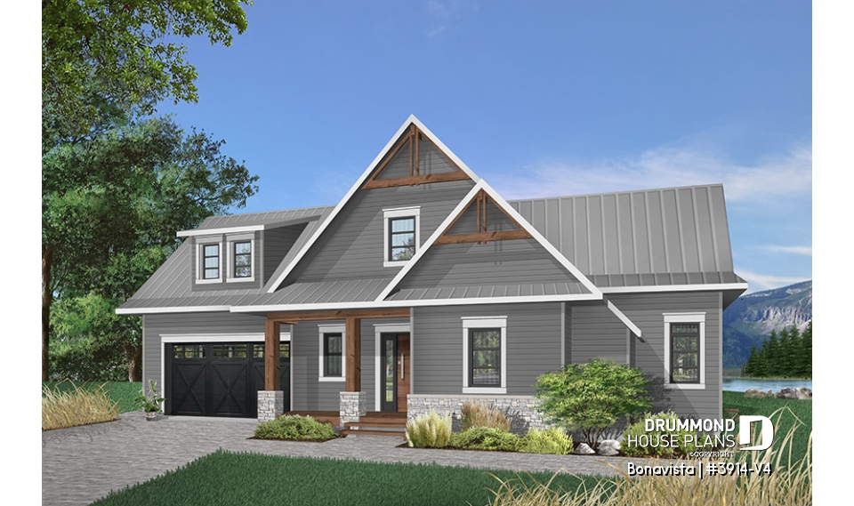 front - BASE MODEL - 4 bedroom lakefront cottage including 2 master suites, double garage, open floor plan concept - Bonavista