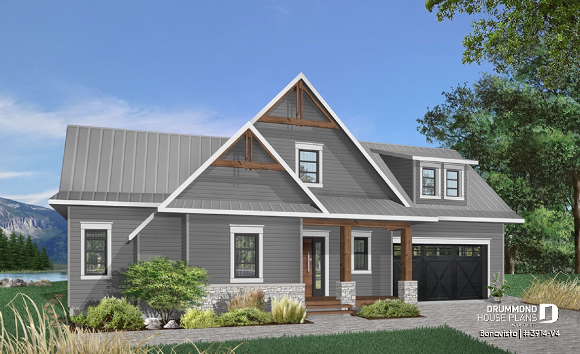 front - BASE MODEL - 4 bedroom lakefront cottage including 2 master suites, double garage, open floor plan concept - Bonavista
