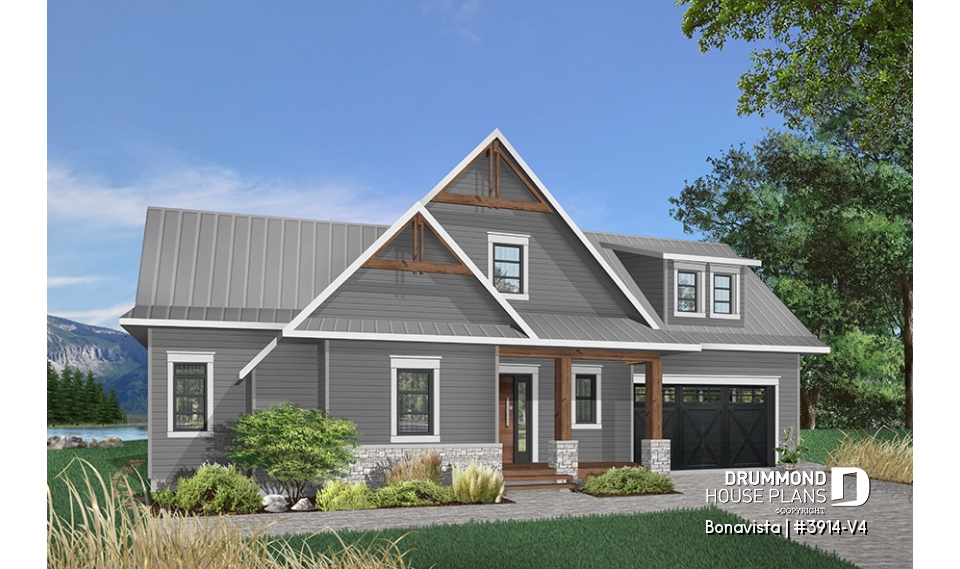 front - BASE MODEL - 4 bedroom lakefront cottage including 2 master suites, double garage, open floor plan concept - Bonavista