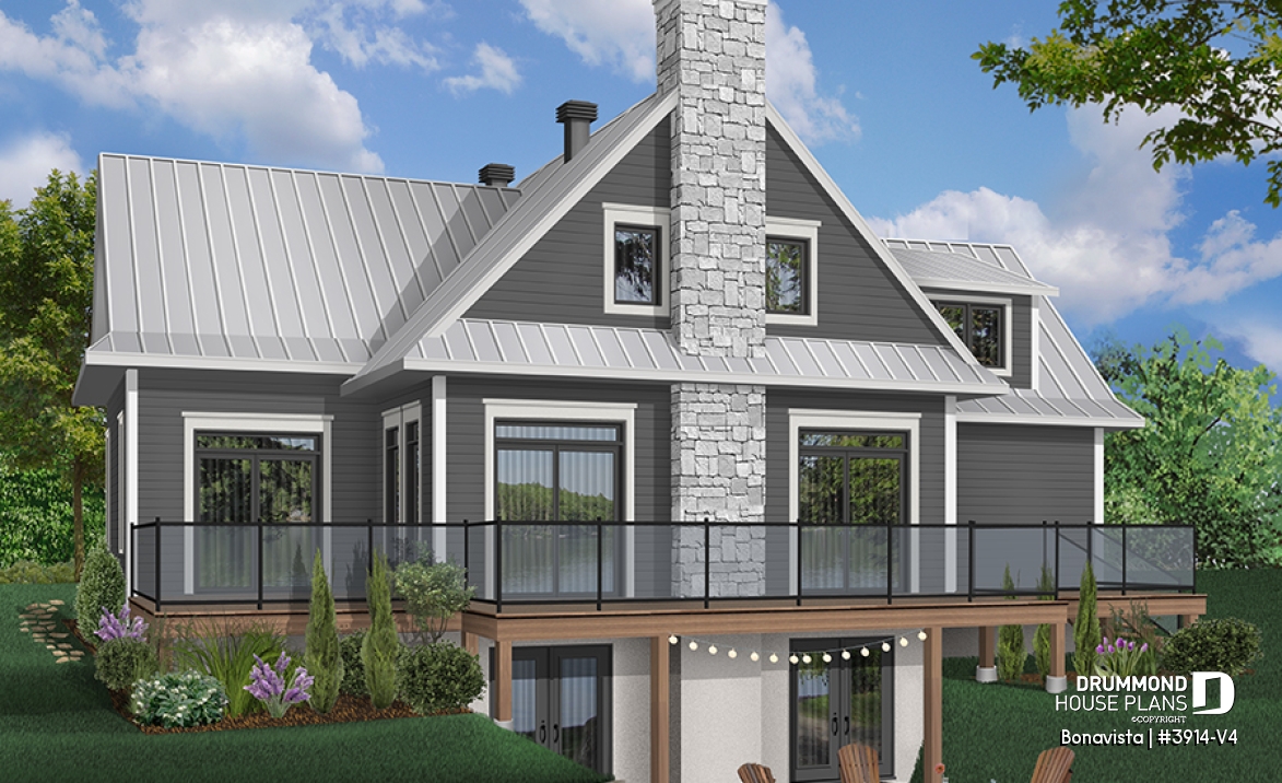Rear view - BASE MODEL - 4 bedroom lakefront cottage including 2 master suites, double garage, open floor plan concept - Bonavista