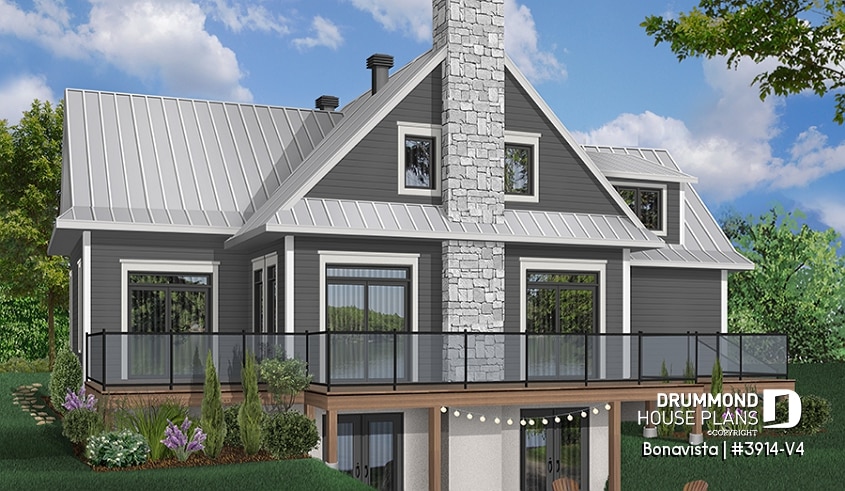 Rear view - BASE MODEL - 4 bedroom lakefront cottage including 2 master suites, double garage, open floor plan concept - Bonavista