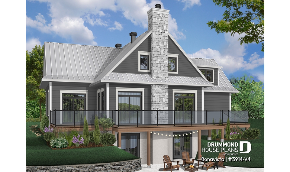 Rear view - BASE MODEL - 4 bedroom lakefront cottage including 2 master suites, double garage, open floor plan concept - Bonavista