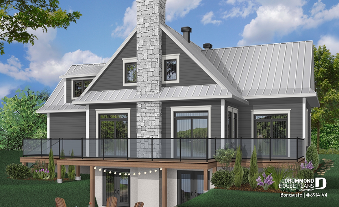 Rear view - BASE MODEL - 4 bedroom lakefront cottage including 2 master suites, double garage, open floor plan concept - Bonavista