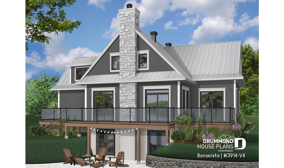 Rear view - BASE MODEL - 4 bedroom lakefront cottage including 2 master suites, double garage, open floor plan concept - Bonavista