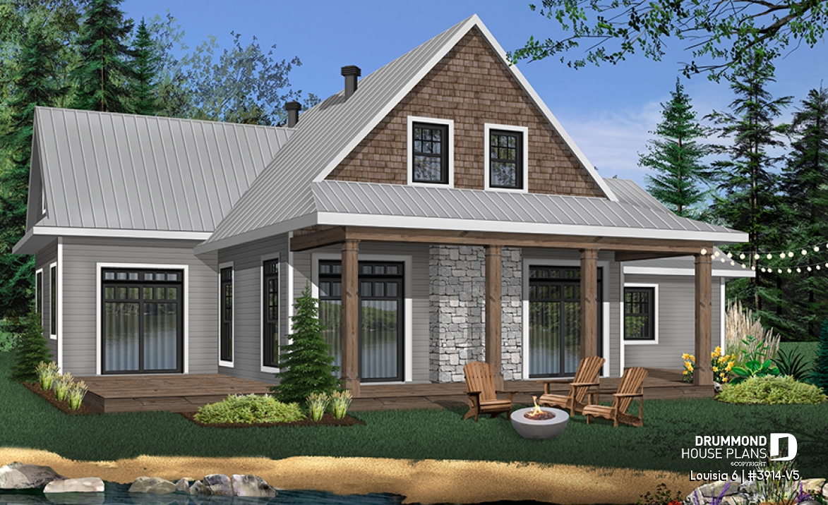 Rear view - BASE MODEL - Beautiful panoramic view ranch style house plan, master suite on main floor, open floor plan, wraparound porch - Louisia 6